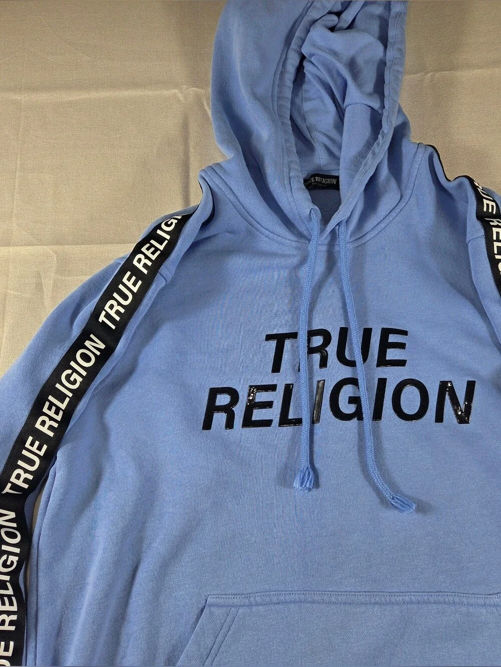 True Religion Logo Tape Pullover Hoodie Blue Medium Graphic Sweatshirt